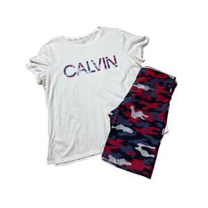 Calvin Klein Womens L Red, White, Blue Camo Biker Short T-Shirt 2-Piece Set